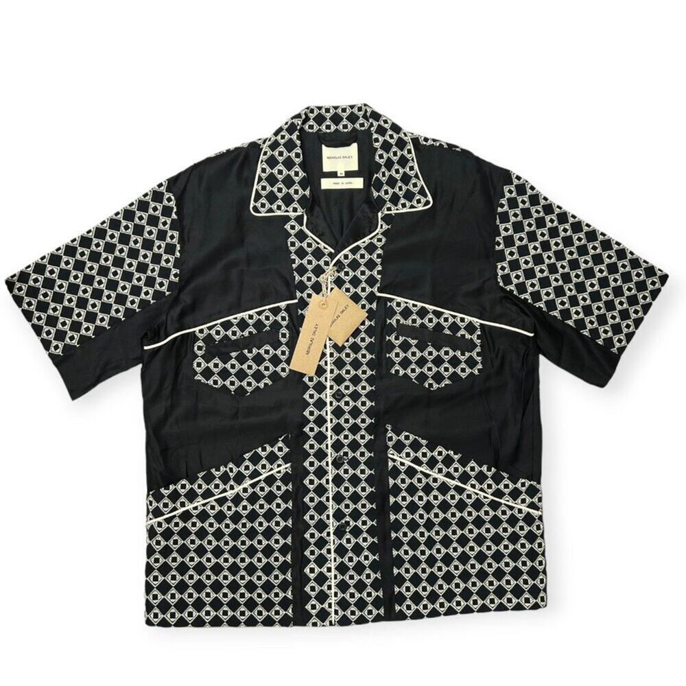 Nicholas Daley Mento Shirt Medium Black Linen Embroidery Short Sleeve JAPAN NEW